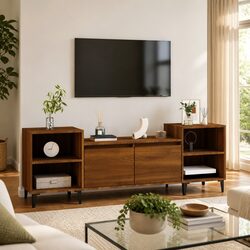 TV Cabinet Brown Oak 160x35x55cm Media Unit 6 Compartments Storage Engineered