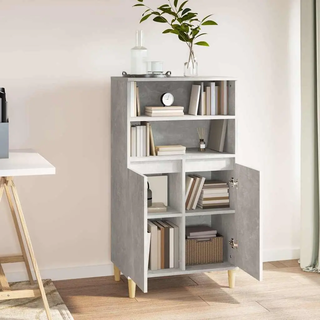 Engineered Wood Highboard Storage Cabinet Grey 2 Open Shelves 4 Compartments with Doors