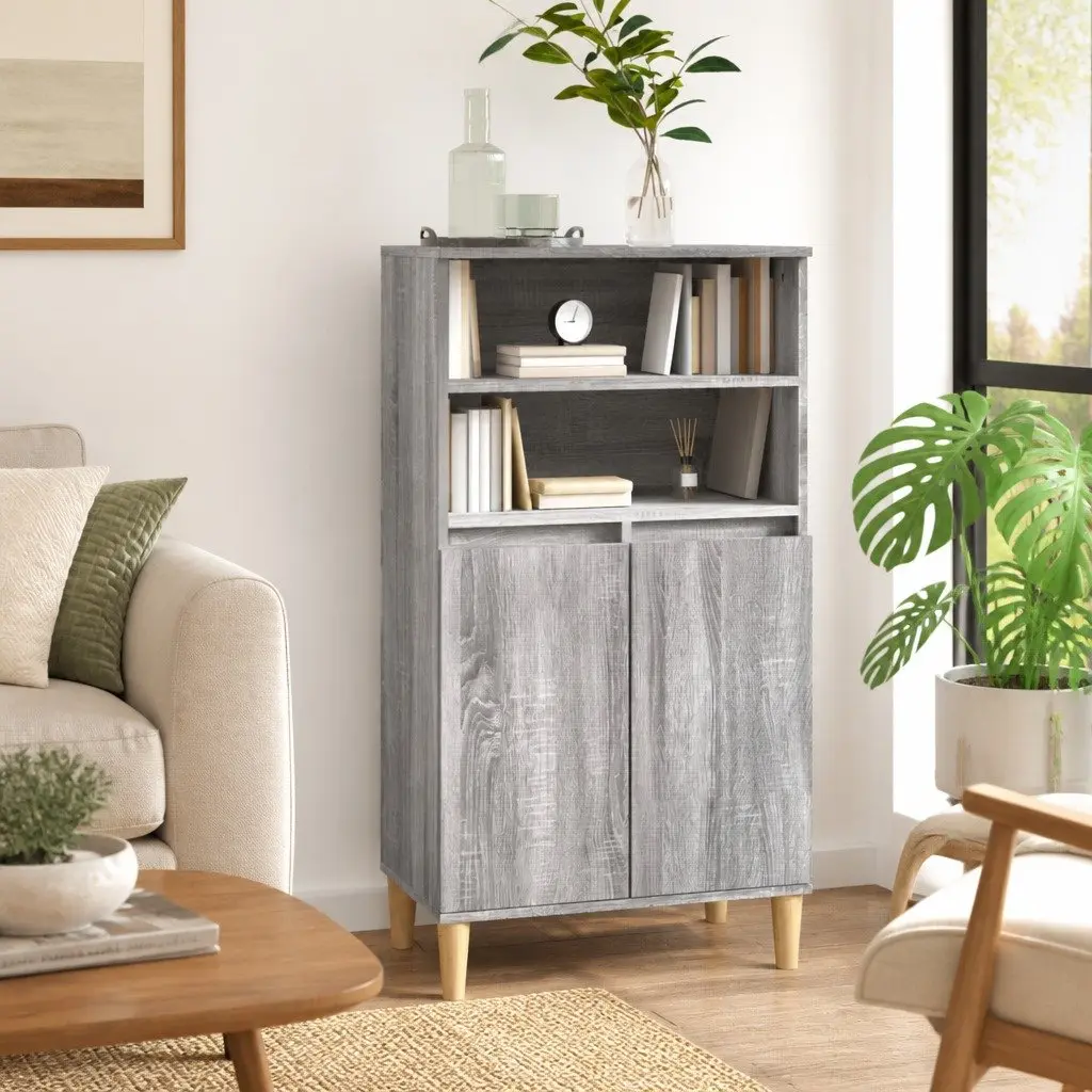 Highboard Storage Cabinet 60x36x110cm Engineered Wood Grey with 2 Open Shelves and 4 Compartments