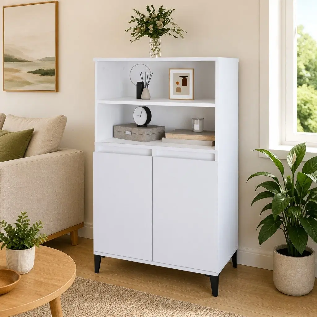 Highboard Storage Cabinet 60x36x110 cm Engineered Wood White with 2 Open Shelves and 4 Compartment Doors