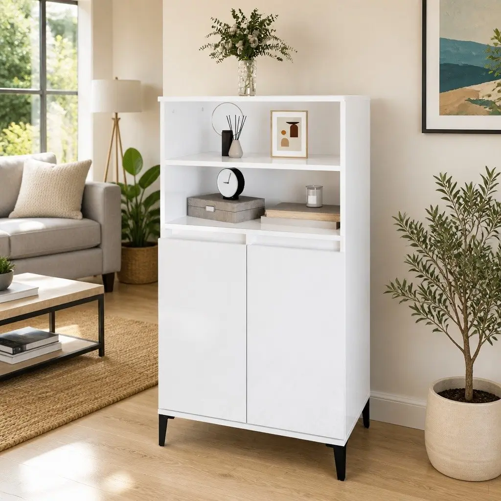 Highboard Cabinet White Gloss Storage Sideboard 60x36x110cm Engineered Wood