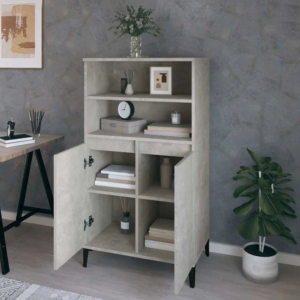 Highboard Storage Cabinet Grey Engineered Wood with Metal Feet 2 Open Shelves 4 Compartments
