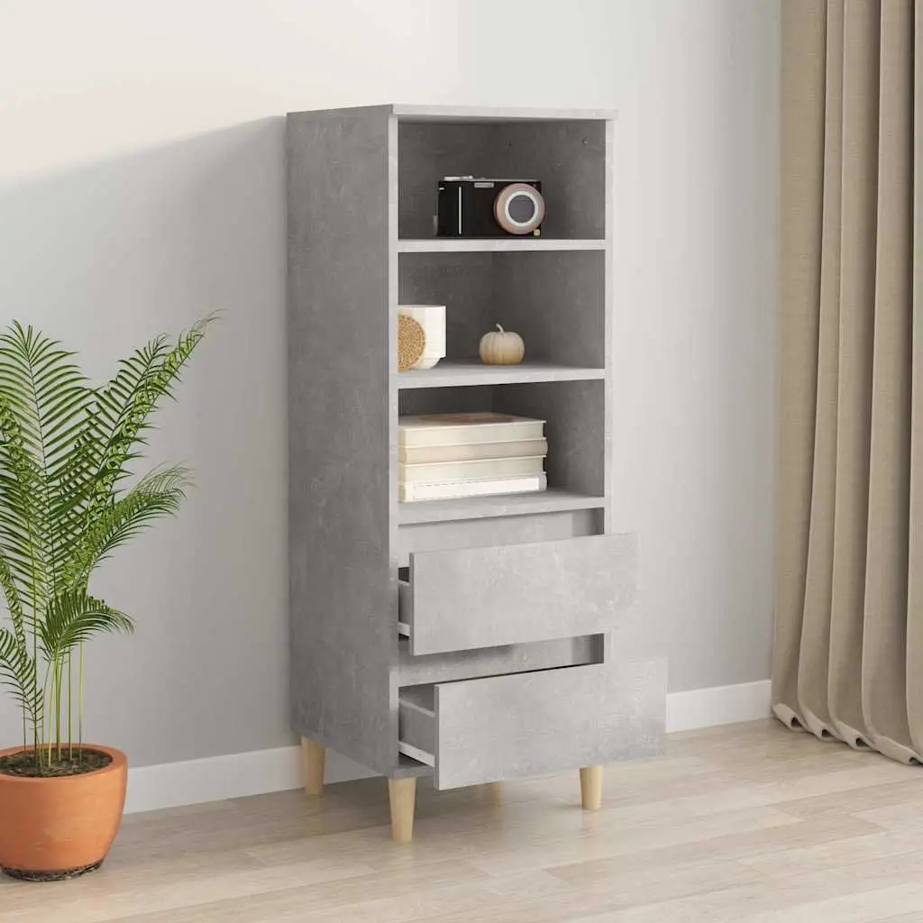 Engineered Wood Highboard Cabinet Grey 40x36x110cm with 3 Open Shelves and 2 Drawers for Storage and Display