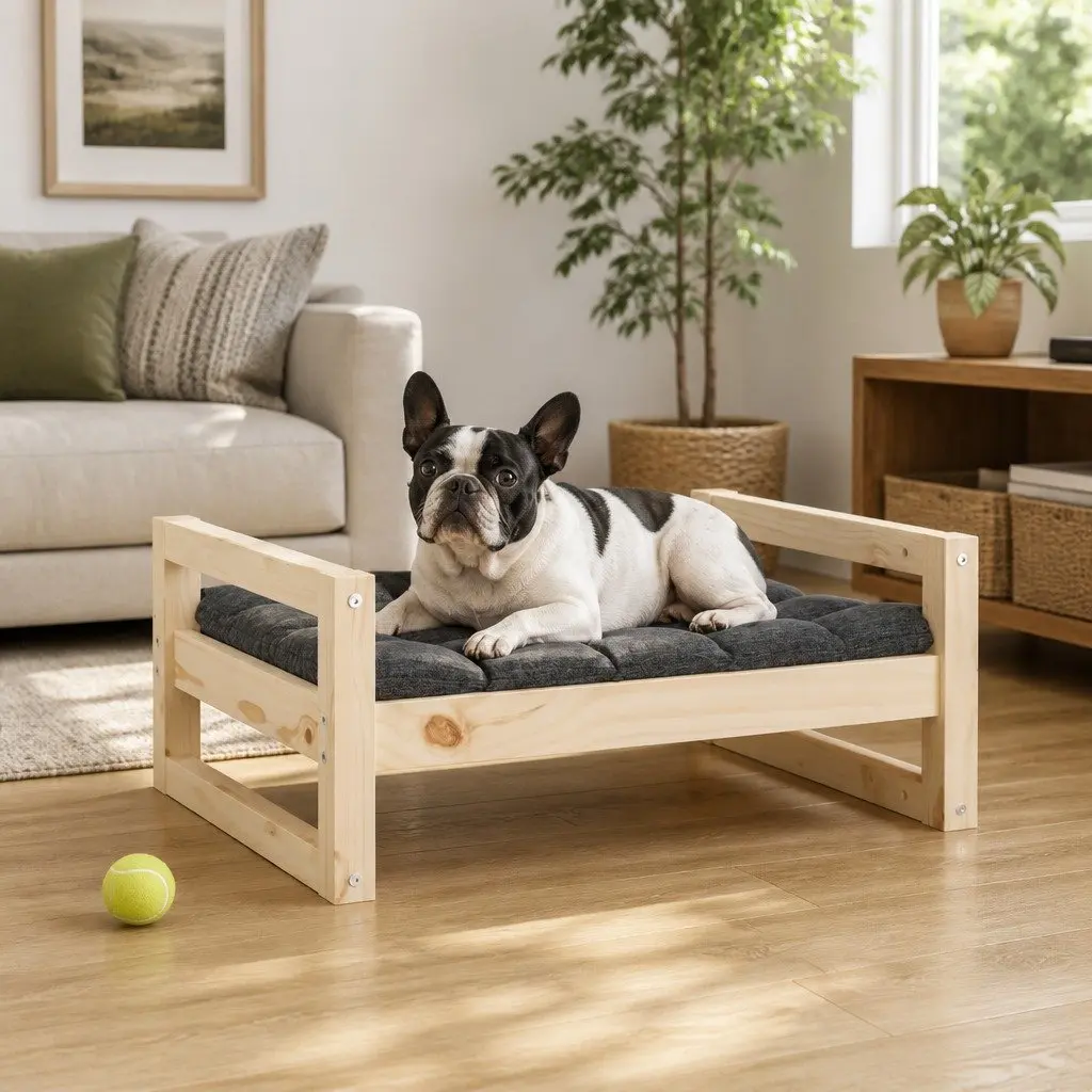 Elevated Rectangular Dog Bed Solid Pine Wood Brown Stable Frame