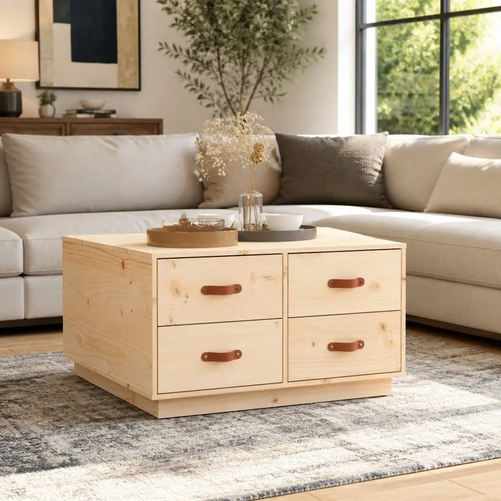 Coffee Table 80x80x45cm Solid Wood Pine 4 Drawers Storage Brown