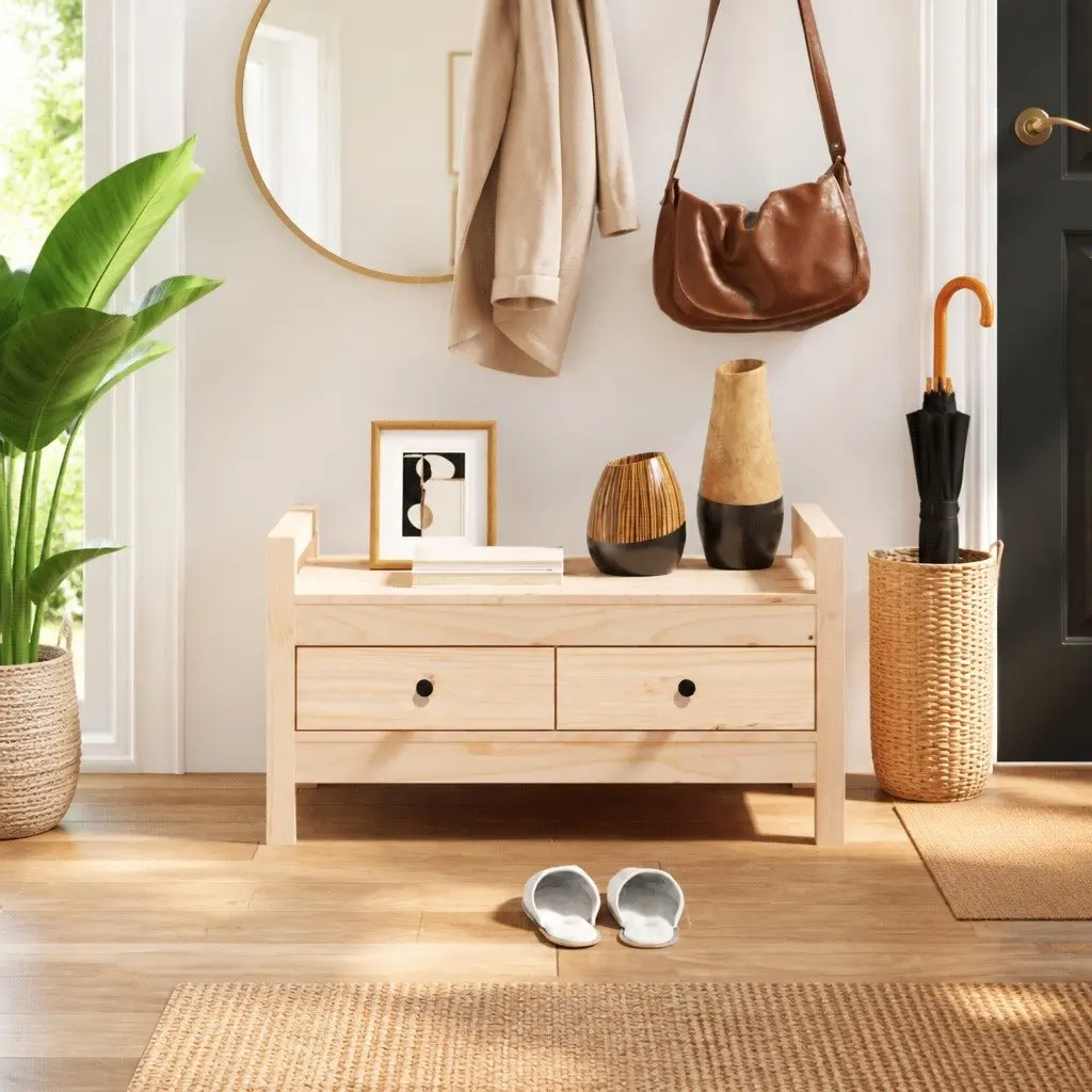 Hall Bench Solid Wood Pine 2 Drawer Storage Entryway Furniture