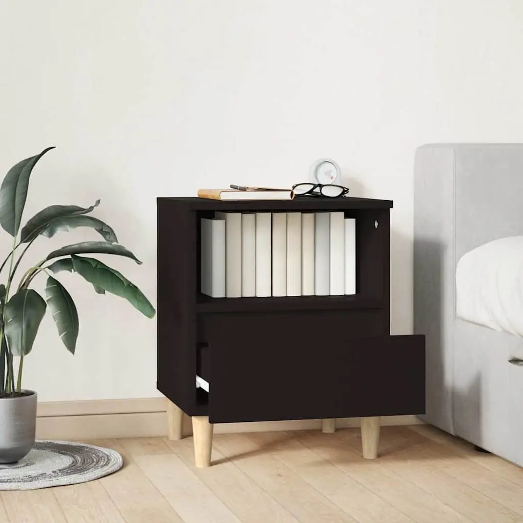 Bedside Cabinet Black Engineered Wood Storage Table with Drawer and Compartment