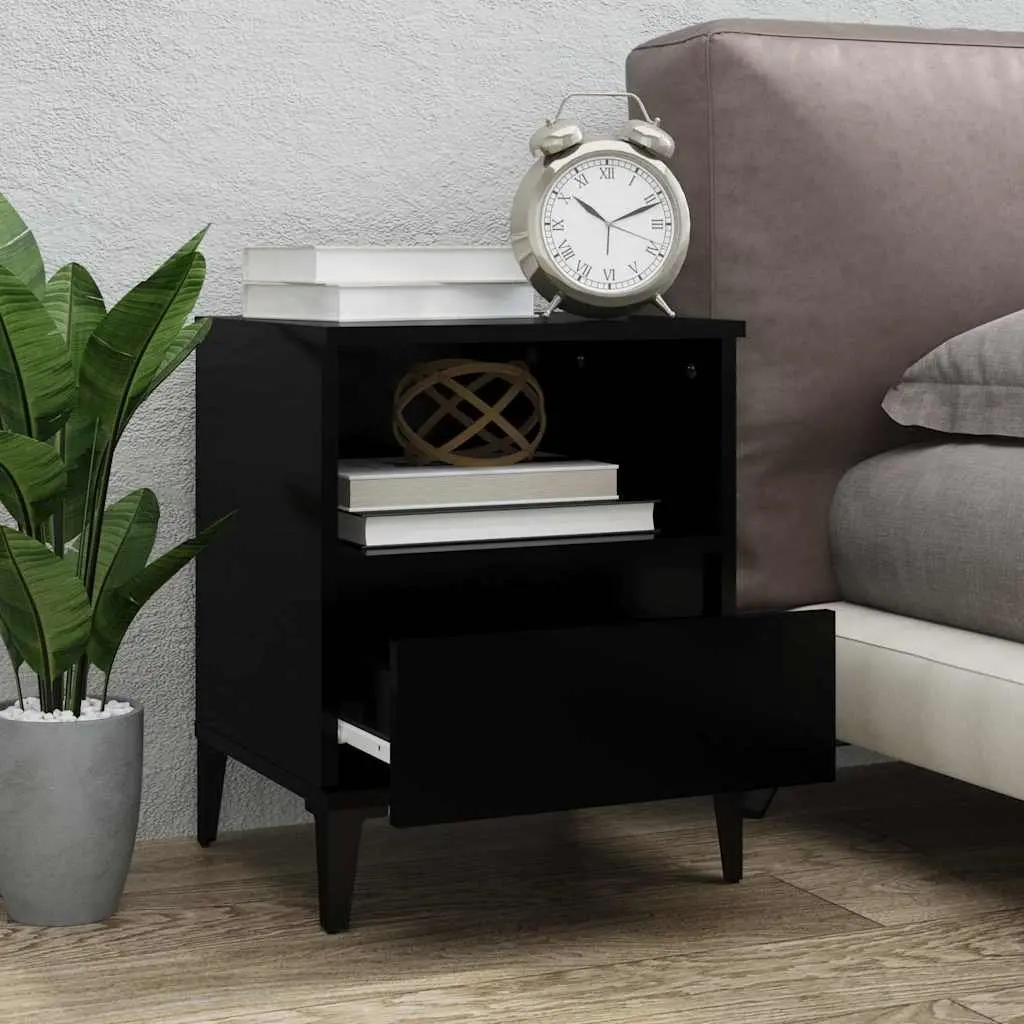 Bedside Cabinet Black Engineered Wood Storage Nightstand with Drawer Compartment and Metal Feet