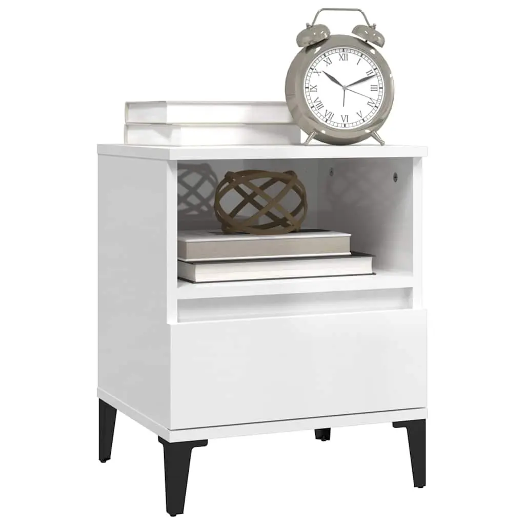Bedside Cabinet White High Gloss Engineered Wood Storage Drawer Compartment