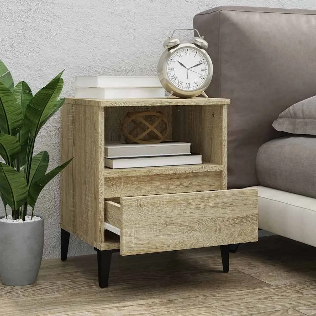 Bedside Cabinet Brown Storage Compartment Drawer Metal Feet Bedroom Furniture