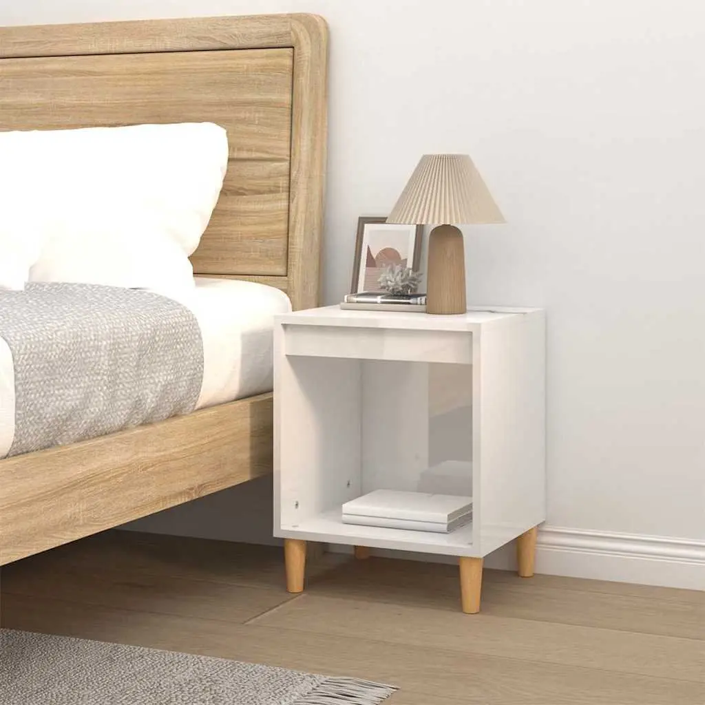 Bedside Cabinet White High Gloss Engineered Wood Storage Table