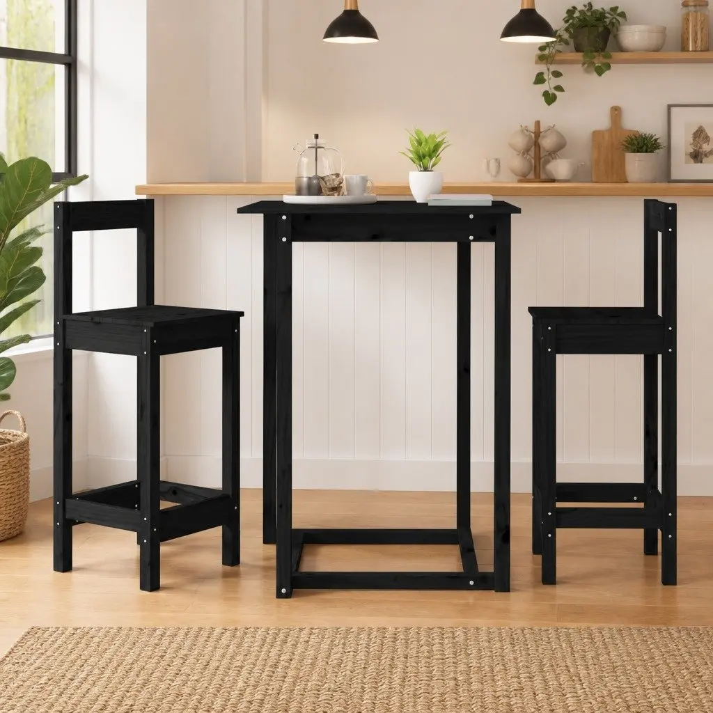 Bar Stools 2 pcs Black Solid Wood Pine Backless Kitchen Dining Chairs