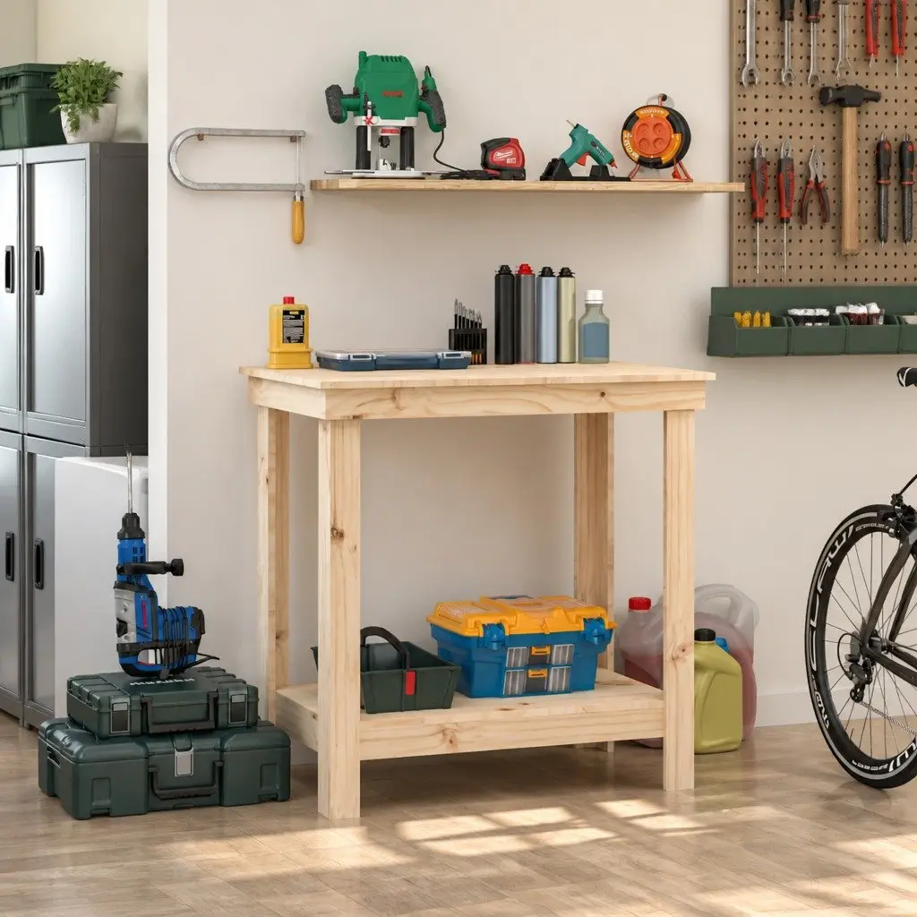 Work Bench 80x50x80 cm Solid Pine Wood Storage Table for Garage Workshop