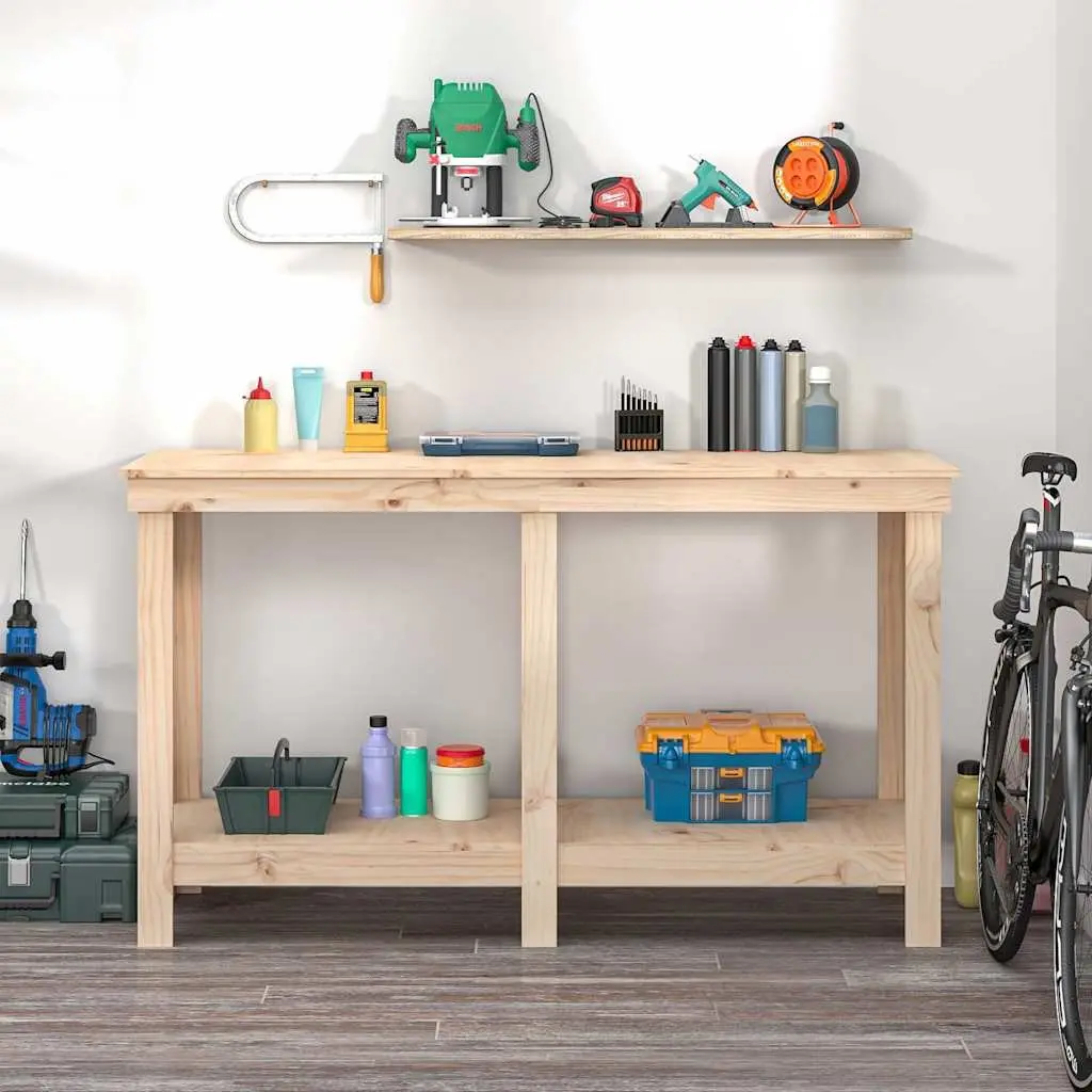 Solid Wood Work Bench 140x50x80 cm Sturdy Pine Construction with Shelves for Garage Storage