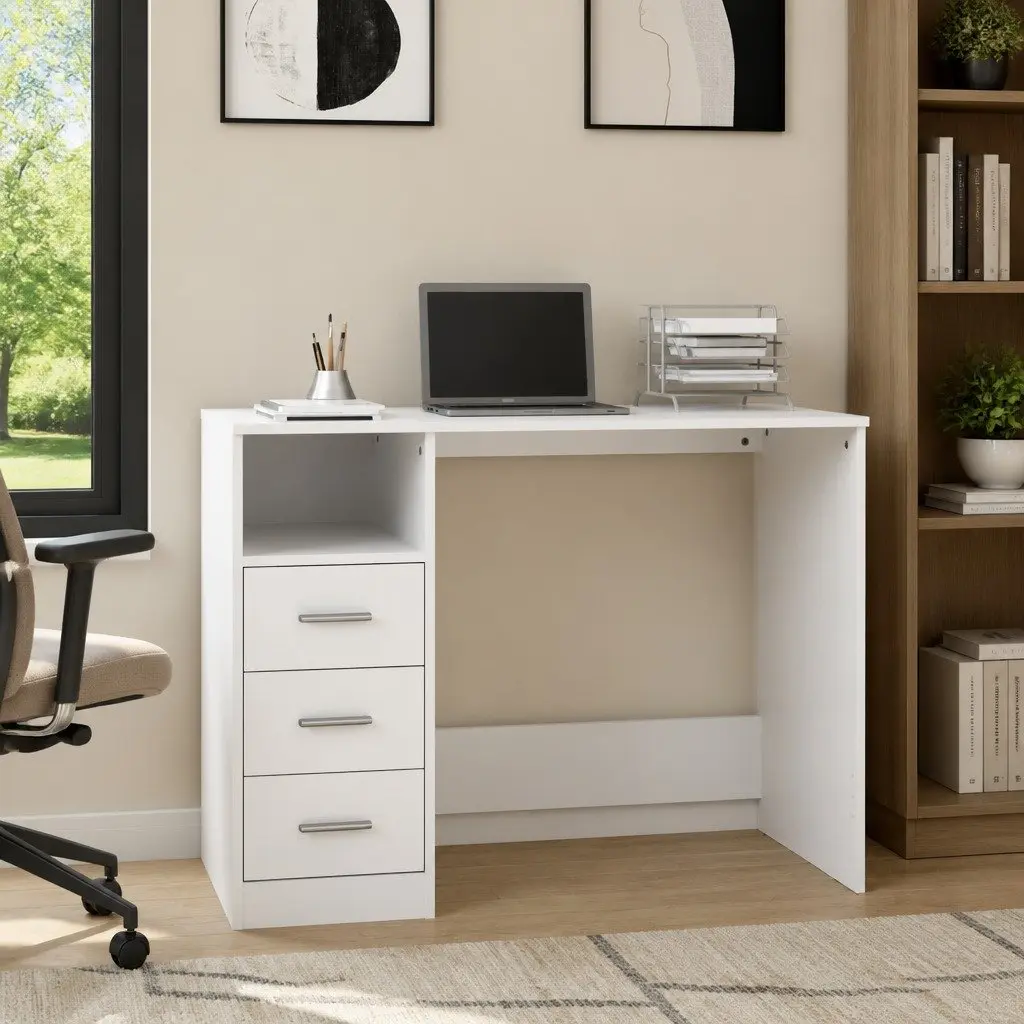 Office Desk 102x50x76cm White Engineered Wood 3 Drawers Storage