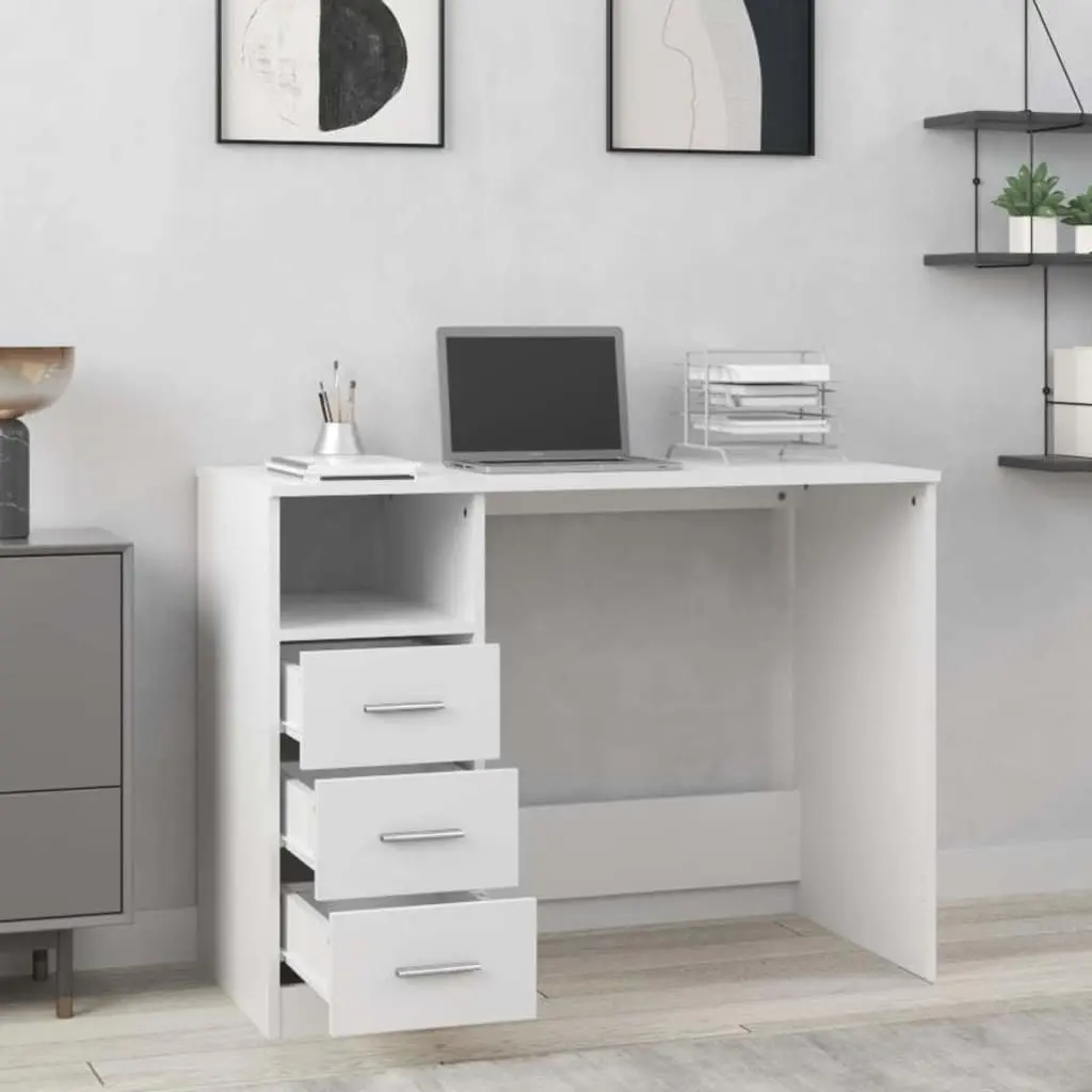 Office Desk 102x50x76cm White Engineered Wood 3 Drawers Storage