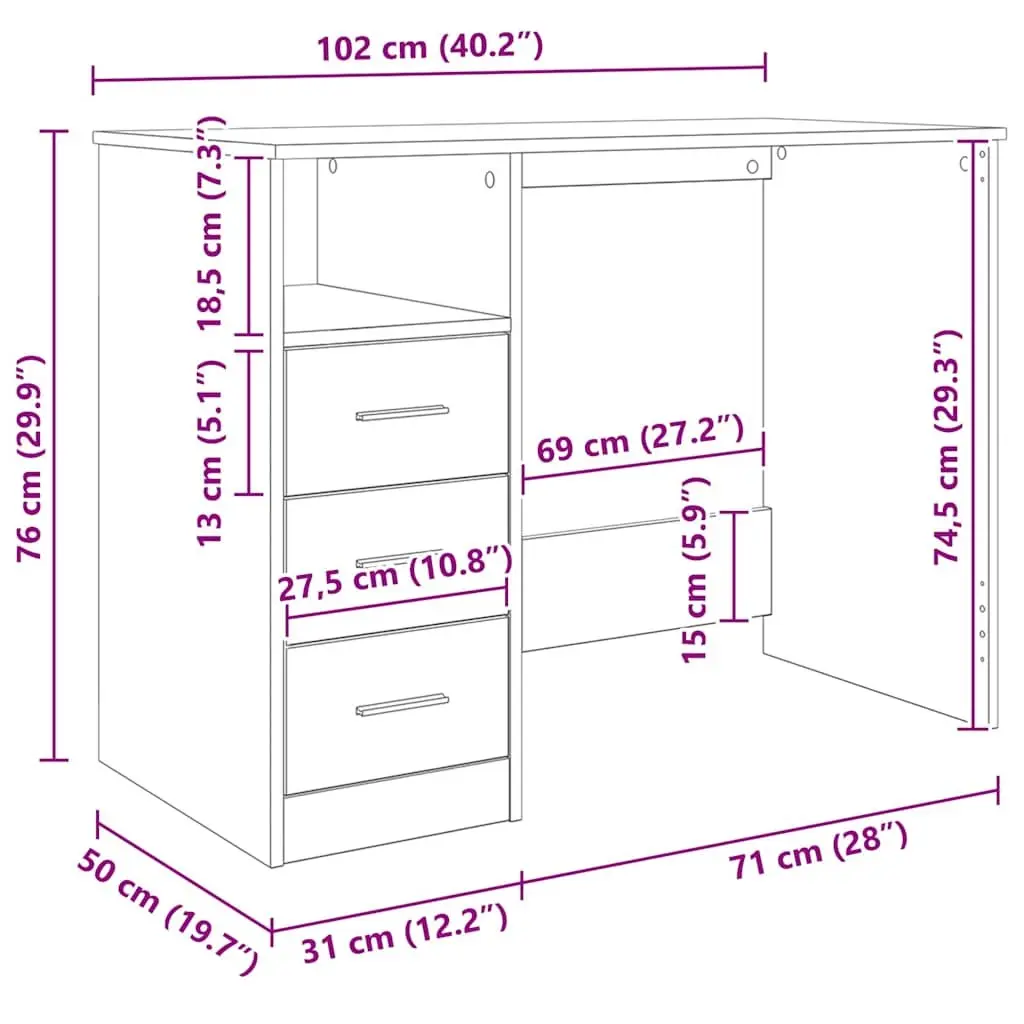 Office Desk 102 cm Black Engineered Wood 3 Drawers Open Compartment