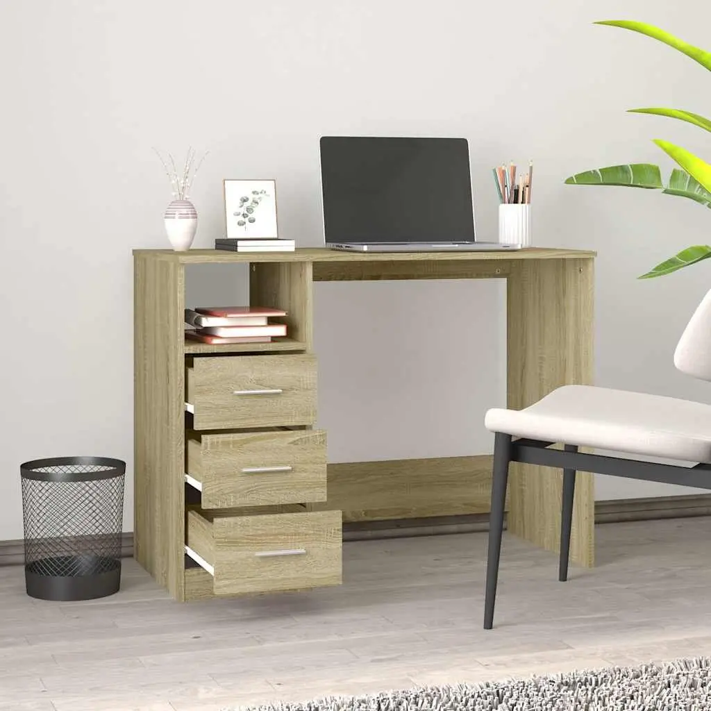 Office Desk Brown Engineered Wood 3 Drawers Study Computer Workstation