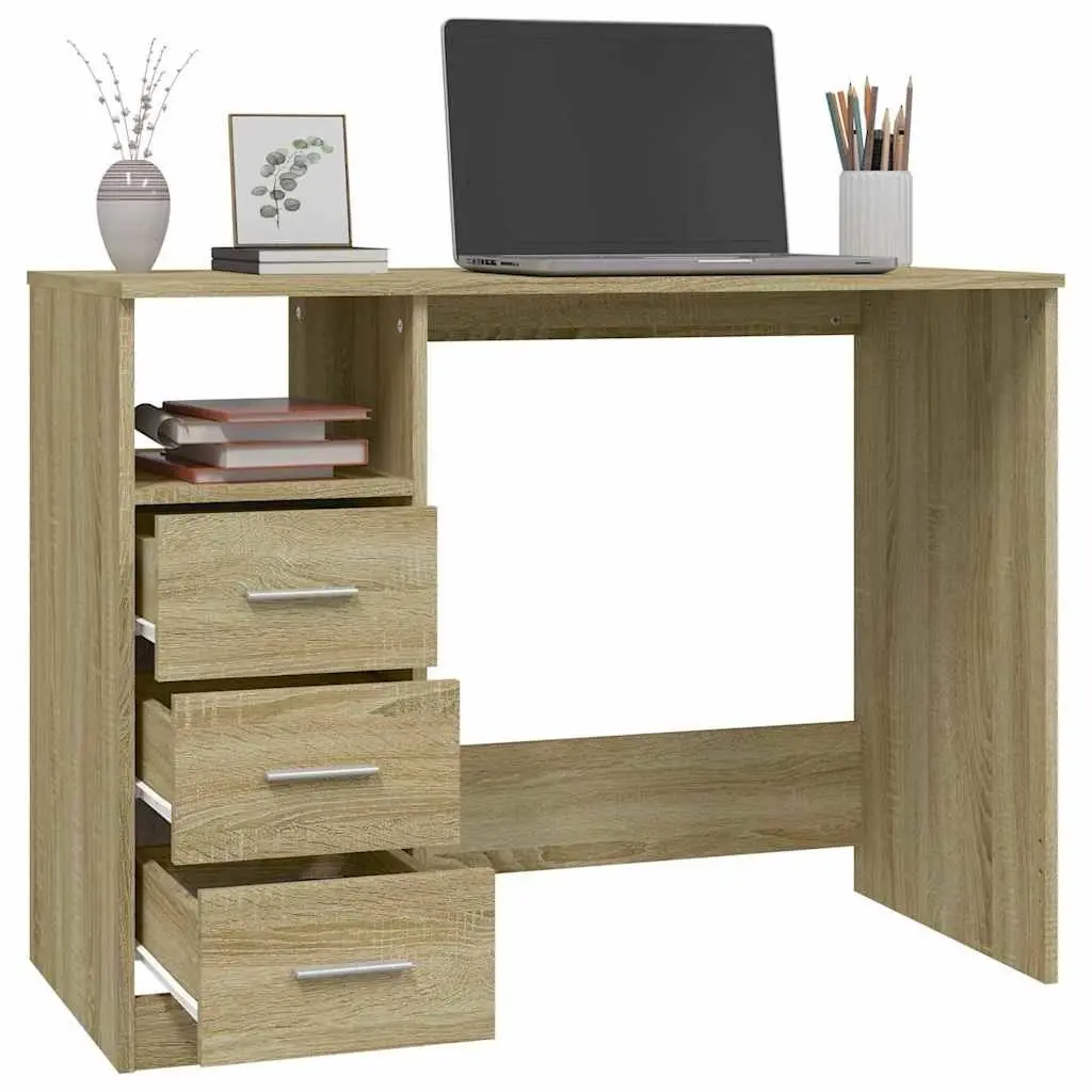 Office Desk Brown Engineered Wood 3 Drawers Study Computer Workstation