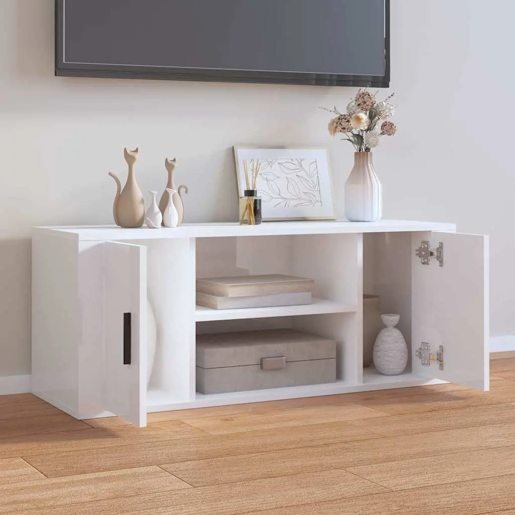 TV Cabinet White High Gloss Engineered Wood Media Unit with 4 Storage Compartments