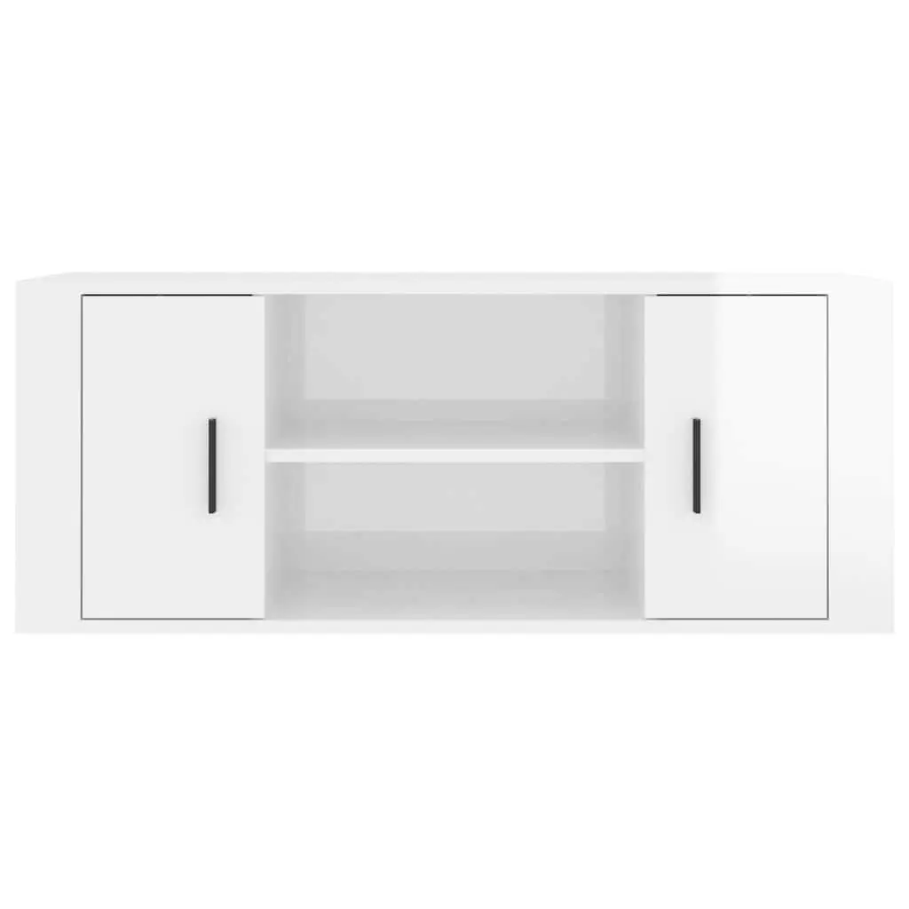 TV Cabinet White High Gloss Engineered Wood Media Unit with 4 Storage Compartments