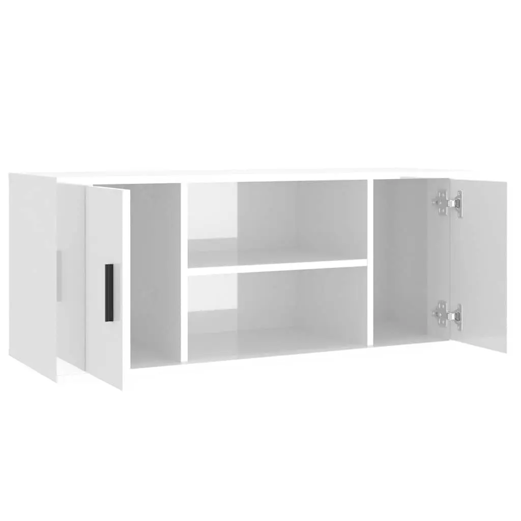 TV Cabinet White High Gloss Engineered Wood Media Unit with 4 Storage Compartments