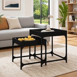 Side Tables 2 pcs Black Engineered Wood Steel Frame Coffee Accent Table Set