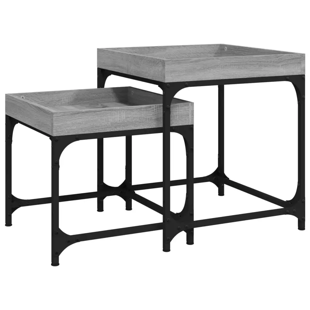 Set of 2 Grey Industrial Side Tables with Steel Frame and Engineered Wood Top for Living Room Storage