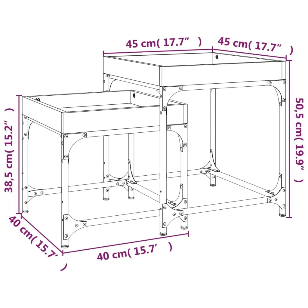 Set of 2 Grey Industrial Side Tables with Steel Frame and Engineered Wood Top for Living Room Storage