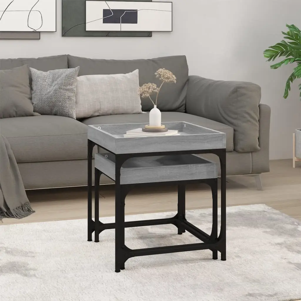 Set of 2 Grey Industrial Side Tables with Steel Frame and Engineered Wood Top for Living Room Storage