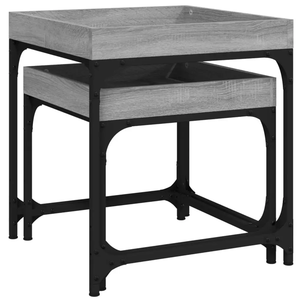 Set of 2 Grey Industrial Side Tables with Steel Frame and Engineered Wood Top for Living Room Storage