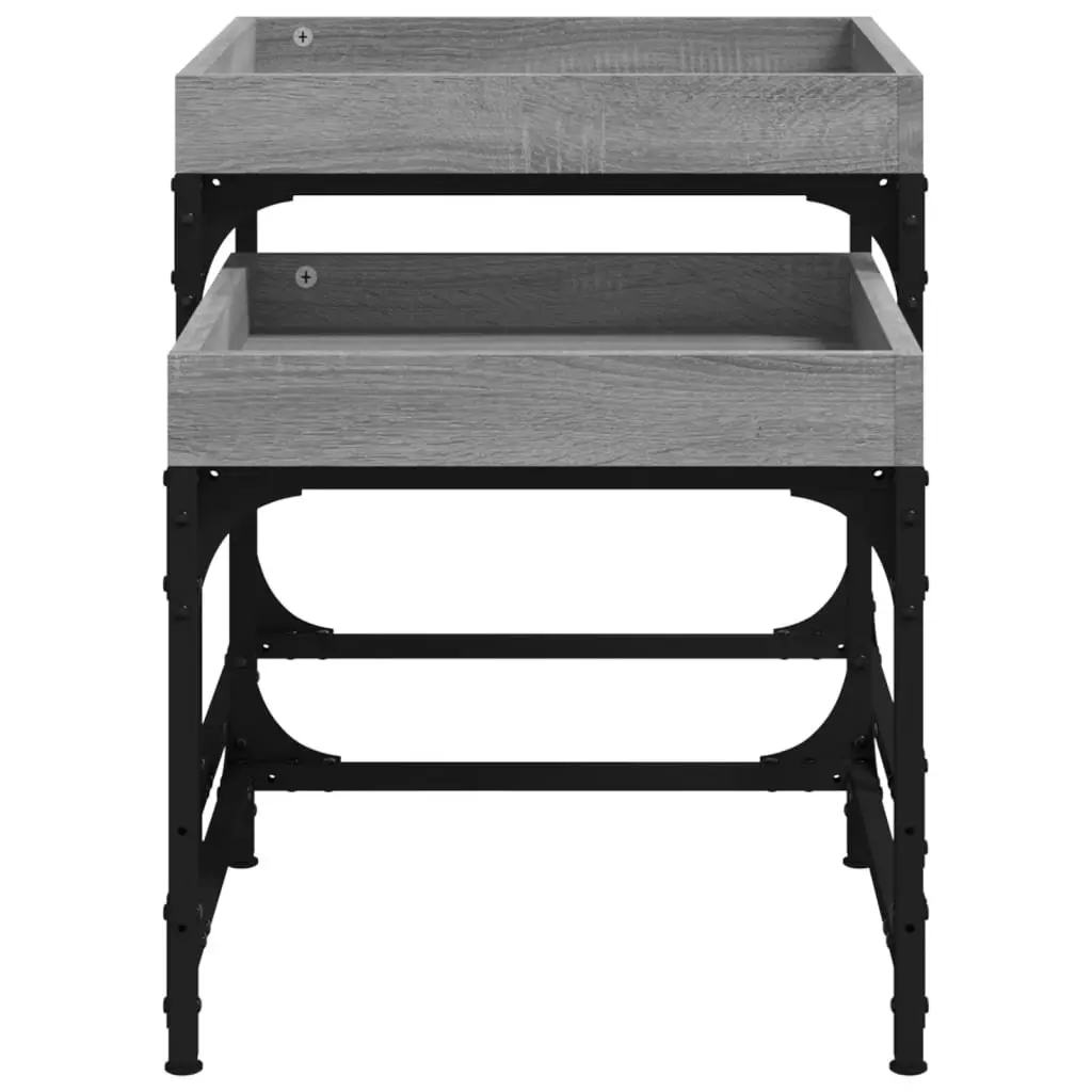 Set of 2 Grey Industrial Side Tables with Steel Frame and Engineered Wood Top for Living Room Storage