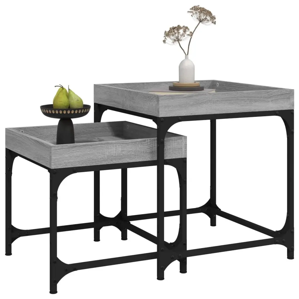 Set of 2 Grey Industrial Side Tables with Steel Frame and Engineered Wood Top for Living Room Storage