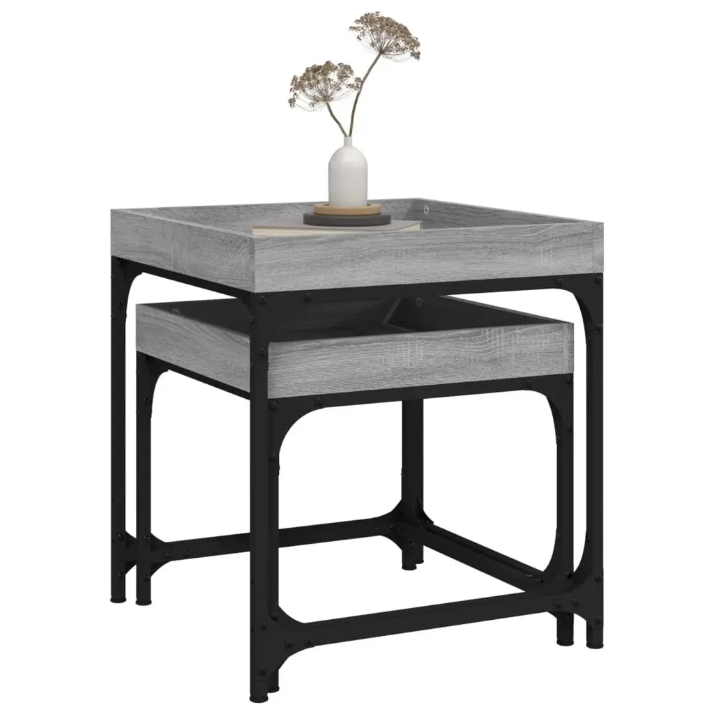 Set of 2 Grey Industrial Side Tables with Steel Frame and Engineered Wood Top for Living Room Storage