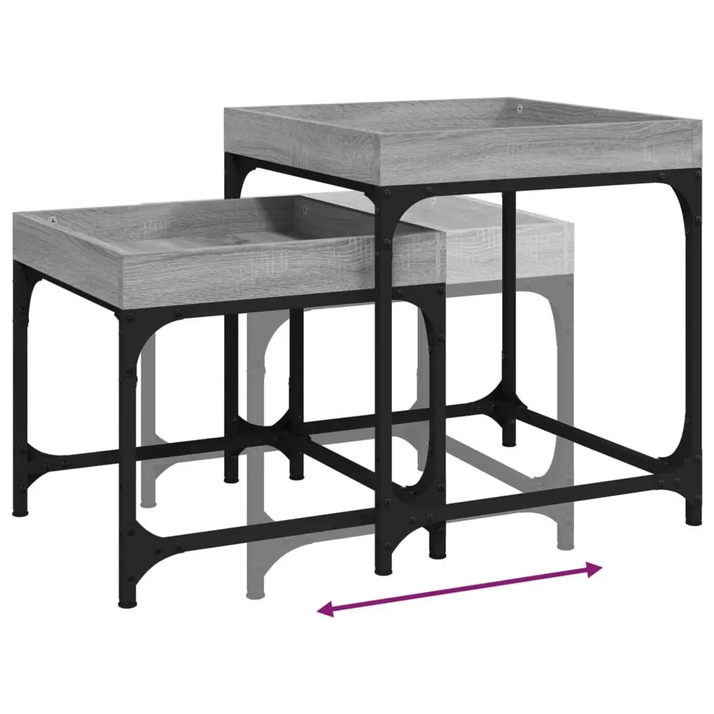 Set of 2 Grey Industrial Side Tables with Steel Frame and Engineered Wood Top for Living Room Storage