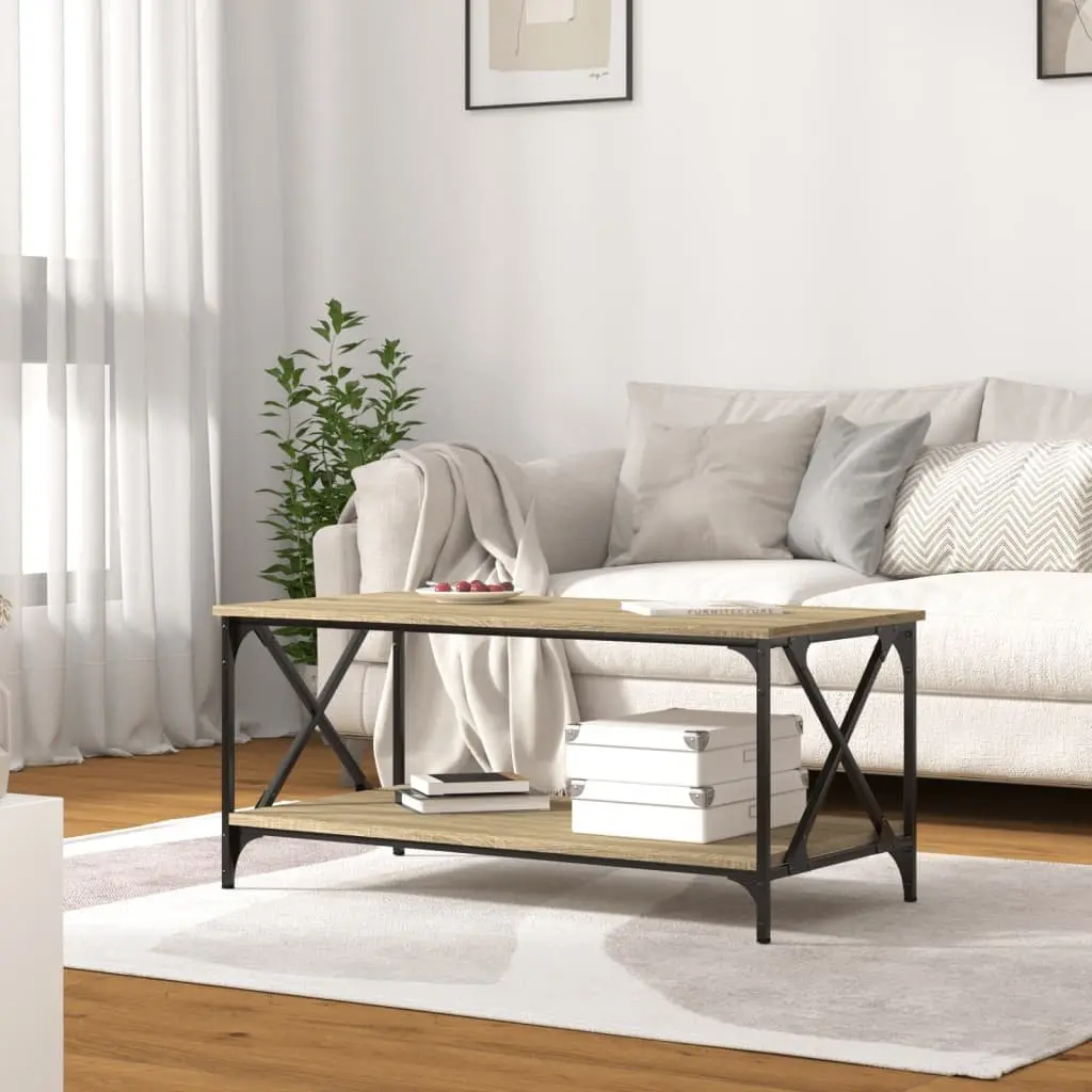 Coffee Table 100 x 50 cm Open Shelf Brown Engineered Wood Iron Frame Living Room Accent