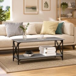 Coffee Table Grey Engineered Wood Open Shelf Storage Living Room Accent