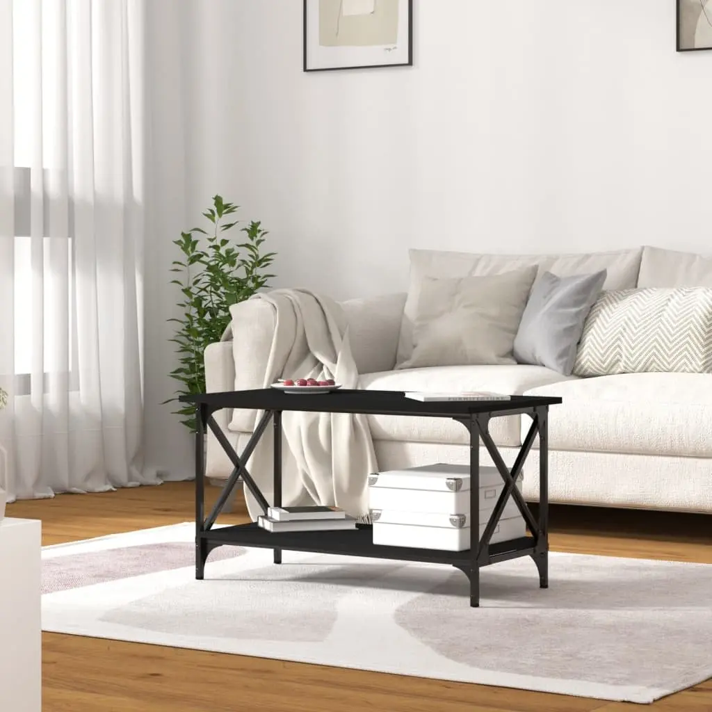 Coffee Table Black Engineered Wood Iron Frame Open Shelf Living Room Furniture