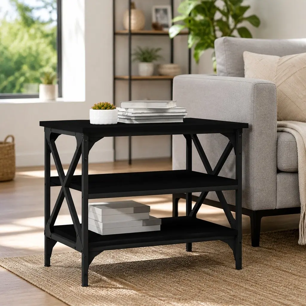 Side Table 55x38x45cm Black Industrial Style Storage Accent Coffee Table