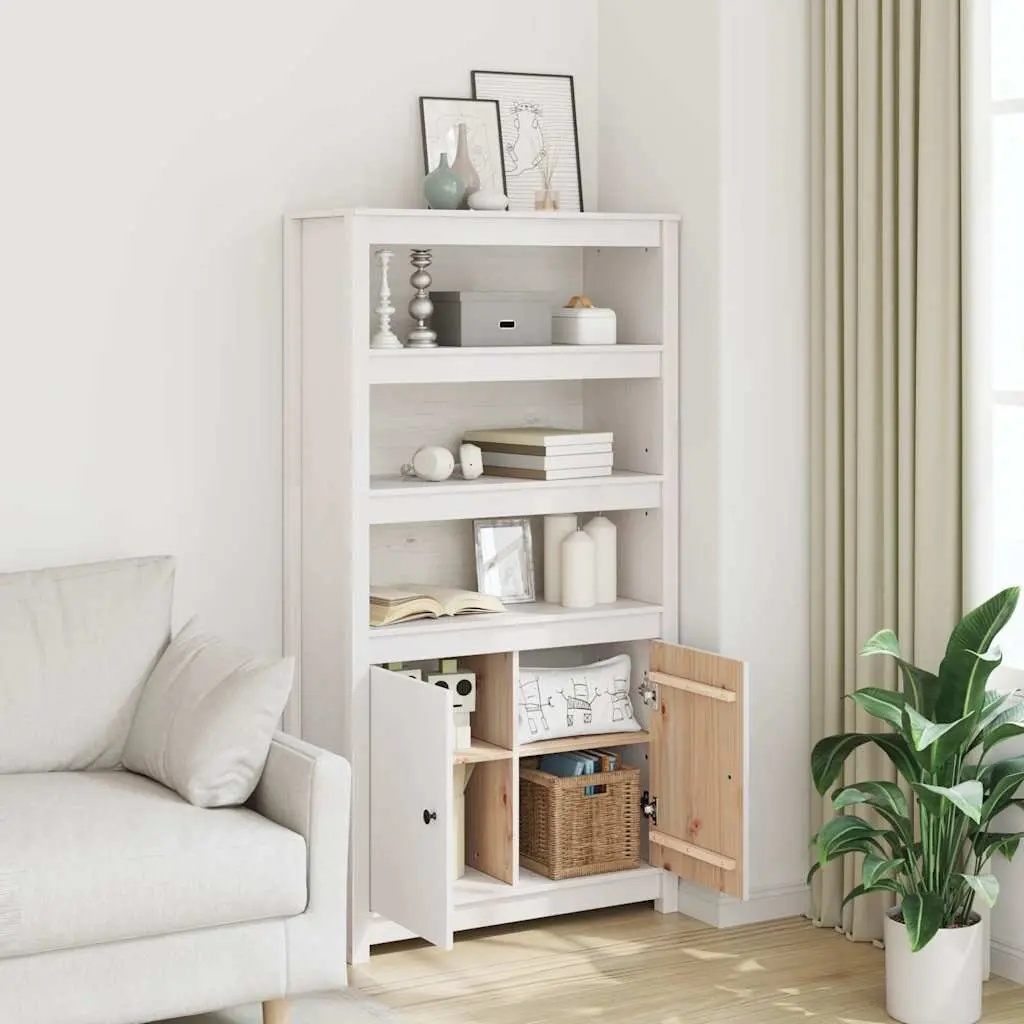 White Pine Wood Highboard Storage Cabinet with 3 Open Compartments and 2 Doors for Display and Organization