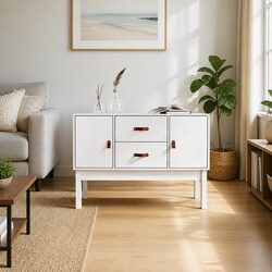 Solid Wood Pine Sideboard White Storage Cabinet 2 Drawers 2 Compartments Doors