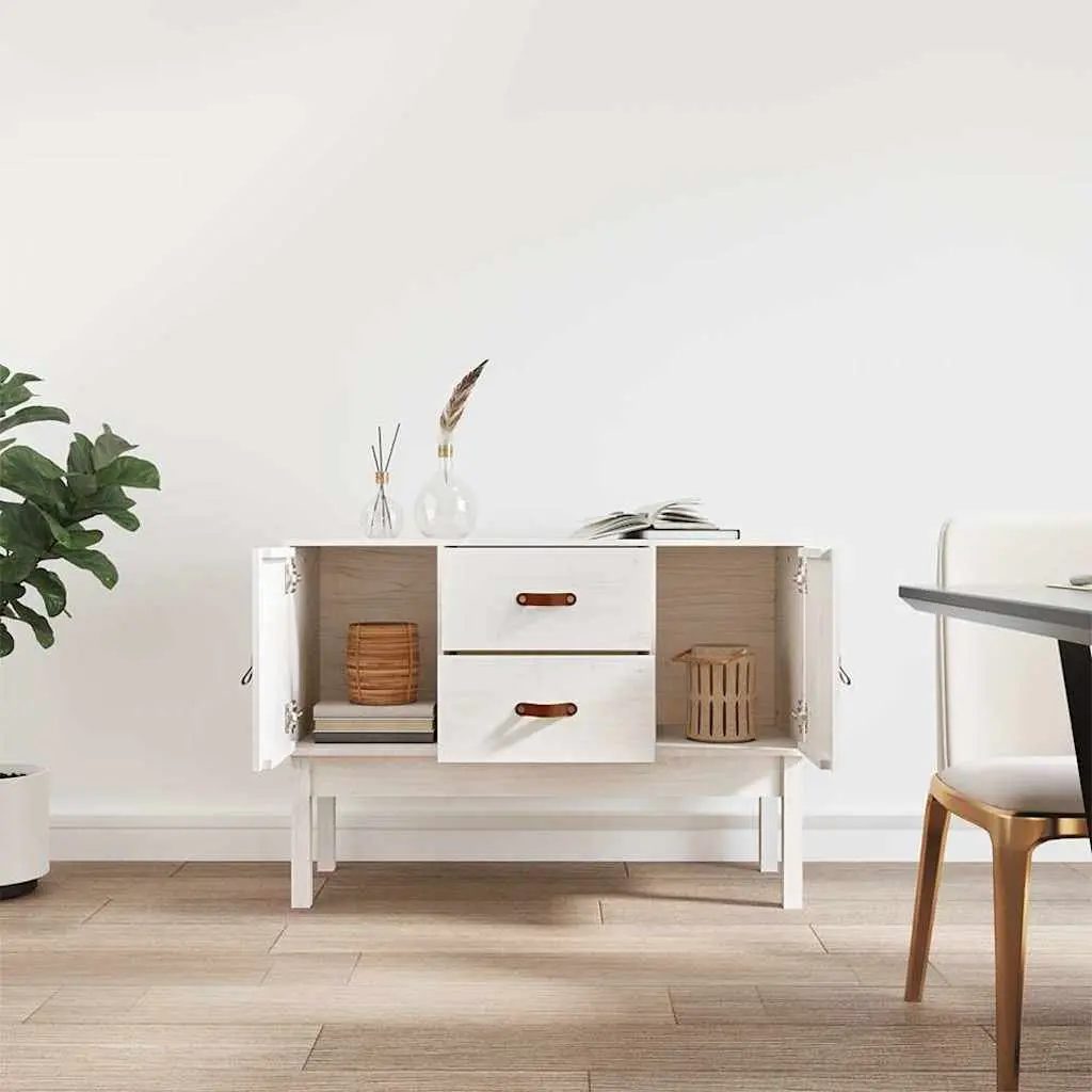Solid Wood Pine White Sideboard Storage Unit with 2 Drawers and 2 Closed Compartments