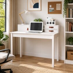 White Solid Pine Wood Office Desk Study Computer Table Compact Storage