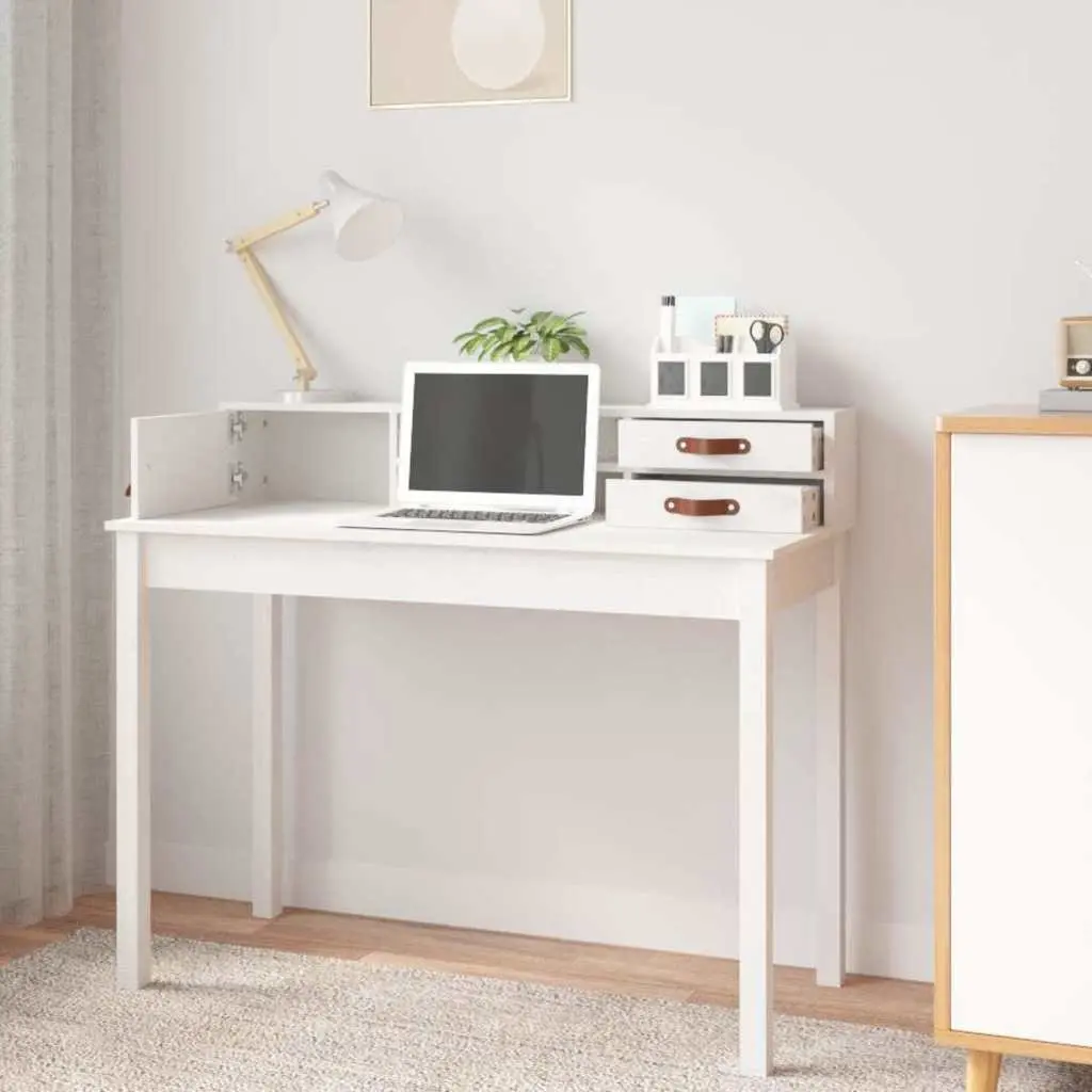 White Office Desk Solid Pine Wood Study Table with Storage Space 110x50x93cm