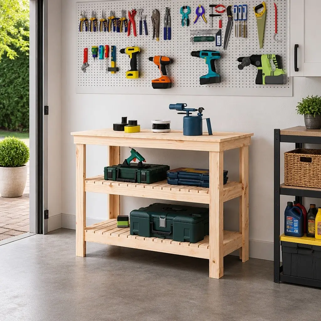 Solid Wood Work Bench 110.5x50x80cm Pine with Storage Shelves