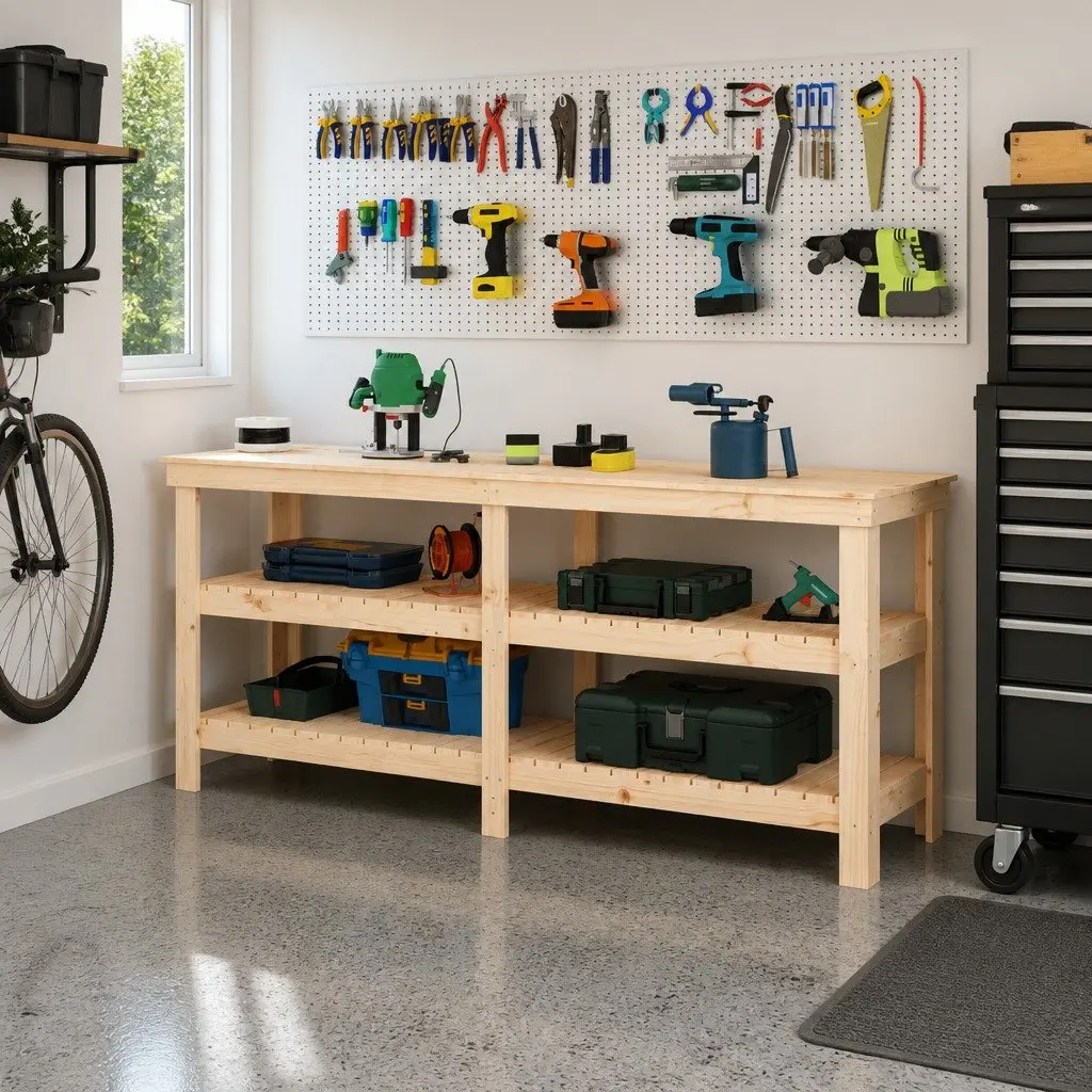 Work Bench 181x50x80 cm Solid Pine Wood Construction with Storage Shelves