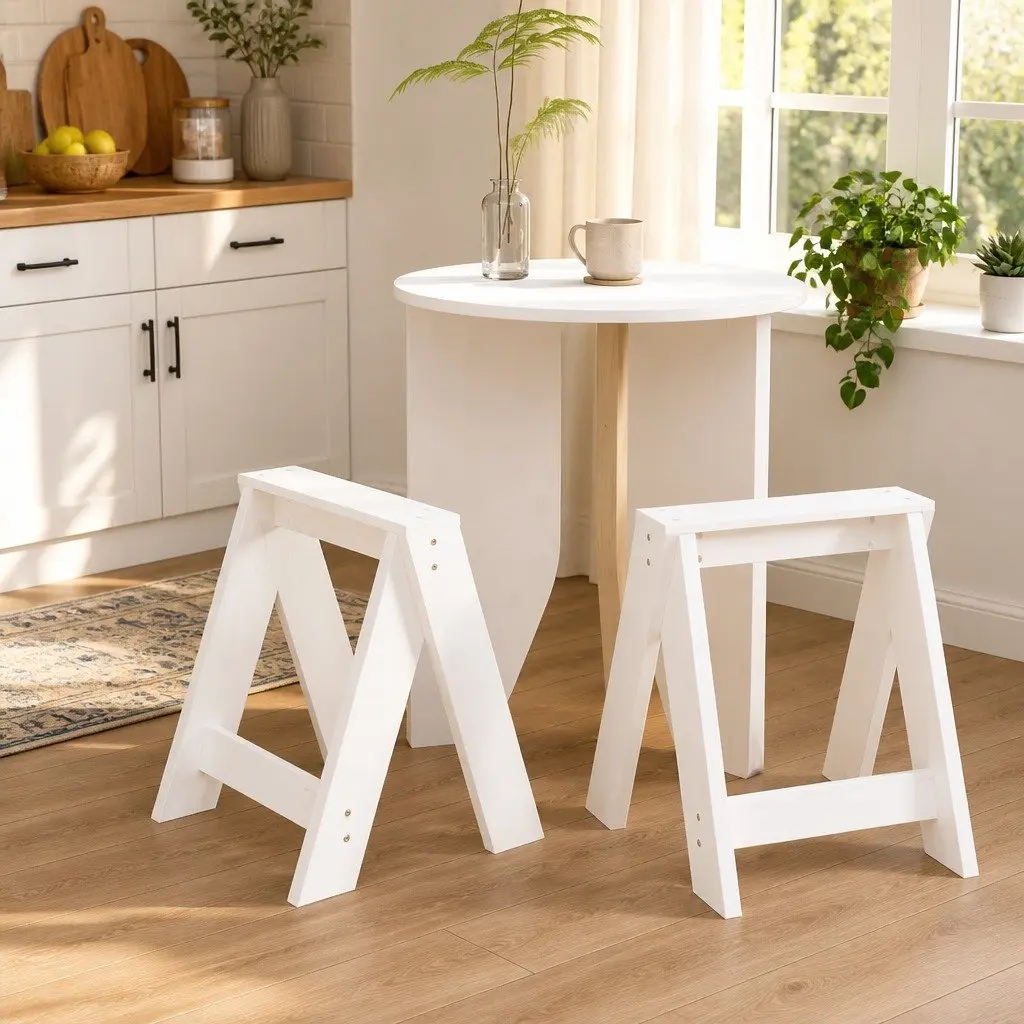 White Wooden Bar Stools 40 x 40 x 45 cm Set of 2 No Backrest Solid Pine Kitchen Dining Room Seating