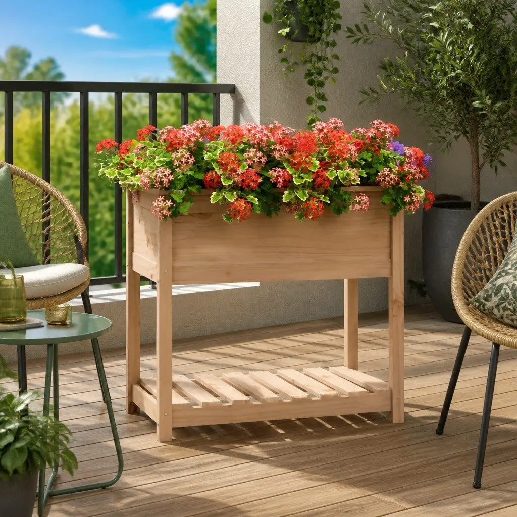 Raised Wooden Planter 82.5x54x81 cm Solid Pine Ergonomic Height with Integrated Shelf for Garden Flower Box