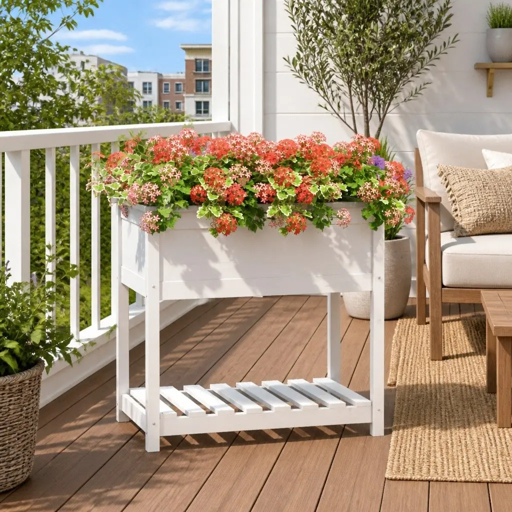 Wooden Planter 82.5 x 54 x 81 cm Raised Bed with Integrated Shelf for Garden Accessories