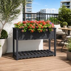 Functional Grey Wooden Planter with Integrated Shelf